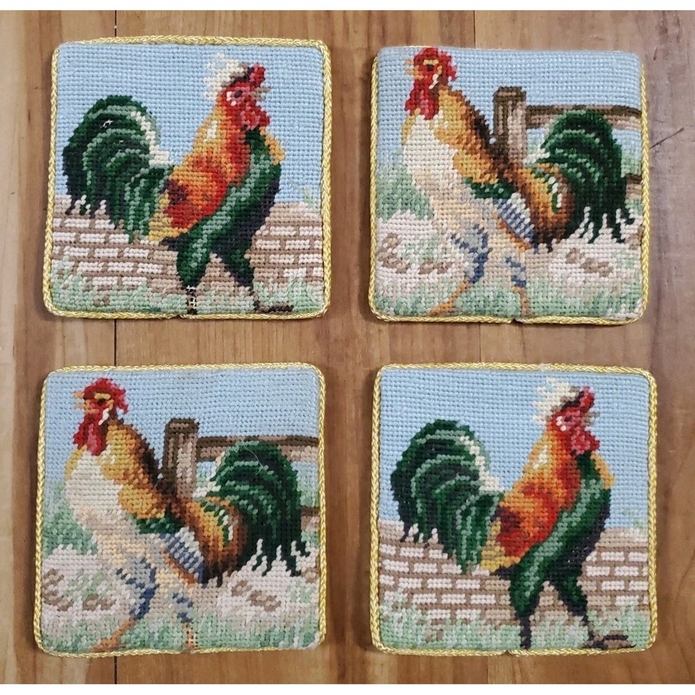 VTG Set of 4 Rooster Needlepoint Coasters French Country Farmhouse Drink Mat